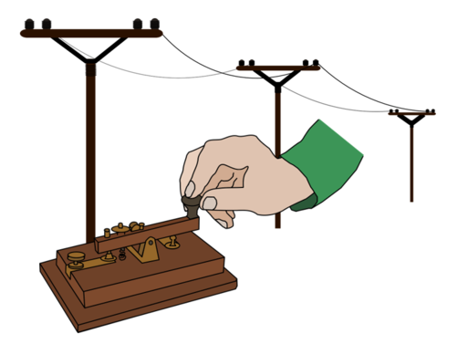 Karikatur einer Hand die ein Morsegerät bedient. 