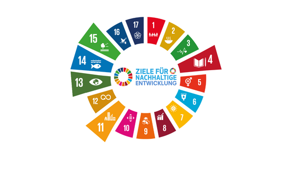 SDG-Rad mit hervorgehobenen Nachhaltigkeitszielen, die im Angebot behandelt werden