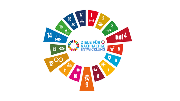 SDG-Rad mit hervorgehobenen Nachhaltigkeitszielen, die im Angebot behandelt werden