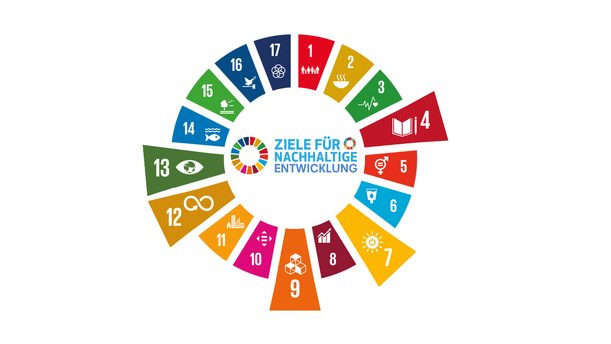 SDG-Rad mit hervorgehobenen Nachhaltigkeitszielen, die im Angebot behandelt werden